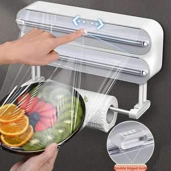 Large Food Cling Film Dispenser 4 In 1 Wall-Mounted Plastic Wrap
